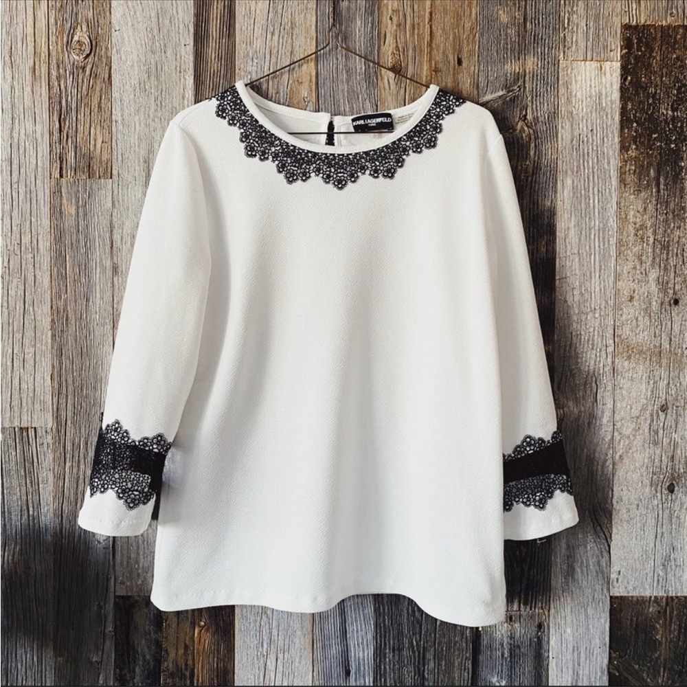 Karl Lagerfeld White Blouse with Black Lace Accents